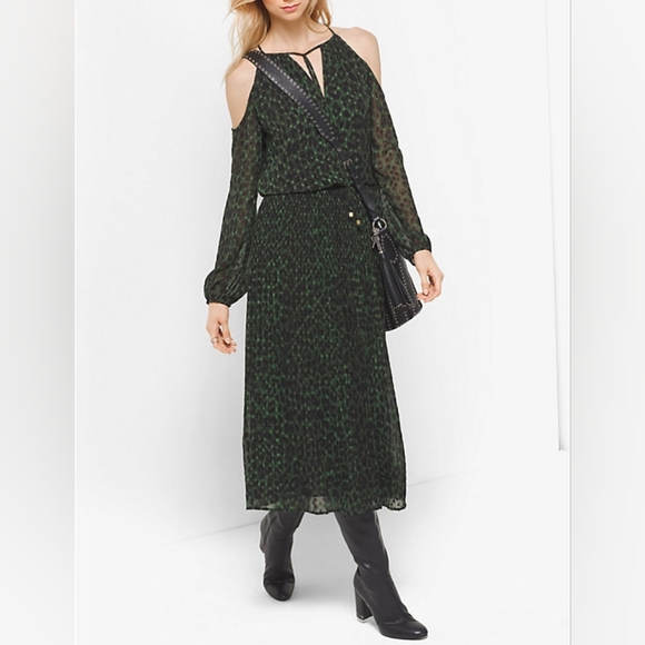 Michael Kors Cold Shoulder Cheetah-Print Georgette Tie-Neck Dress Women's Small - Picture 1 of 8